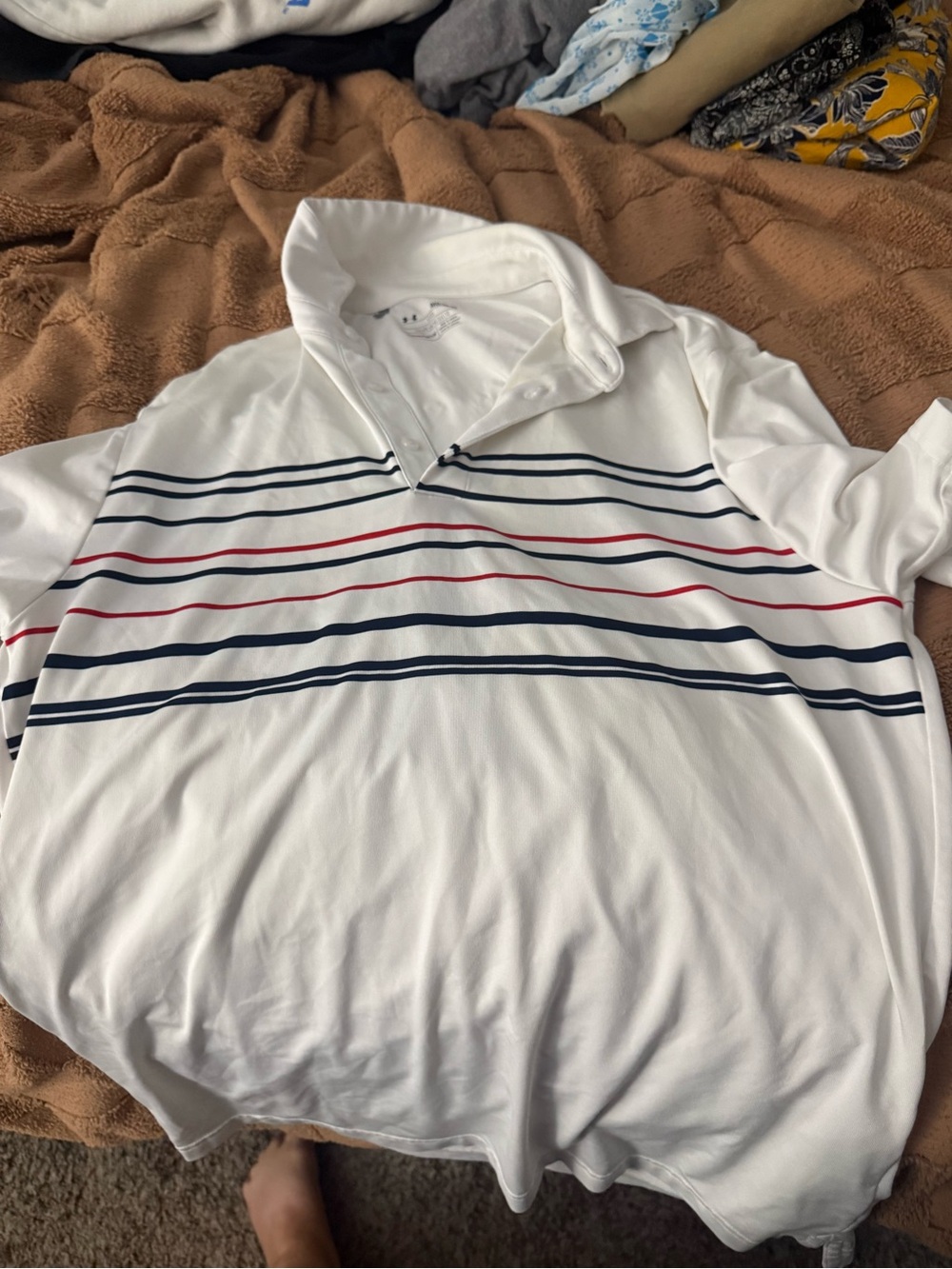 Under Armour White Polo with Navy and Red Stripes